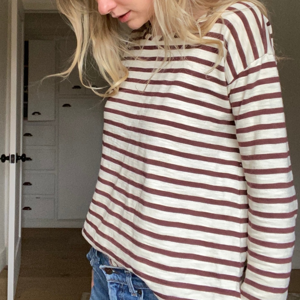 Madewell rust and white striped long sleeve shirt